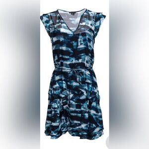 Theory marbled blue silk tiered skirt v neck dress w/o removable slip. Size 6.